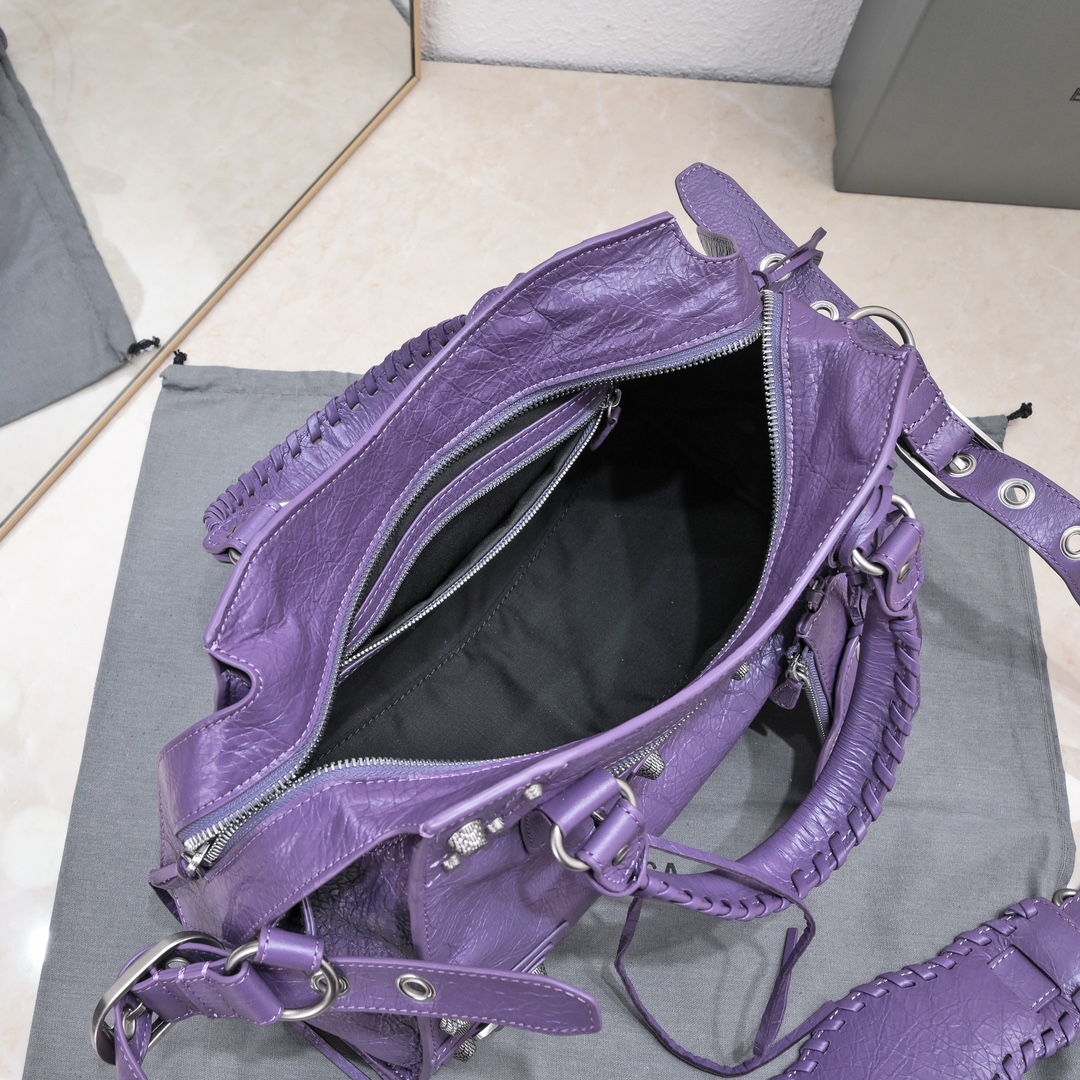 複刻高仿BALENCIAGA巴黎世家 Neo Cagole 細紋牛皮革手提包 中號紫色