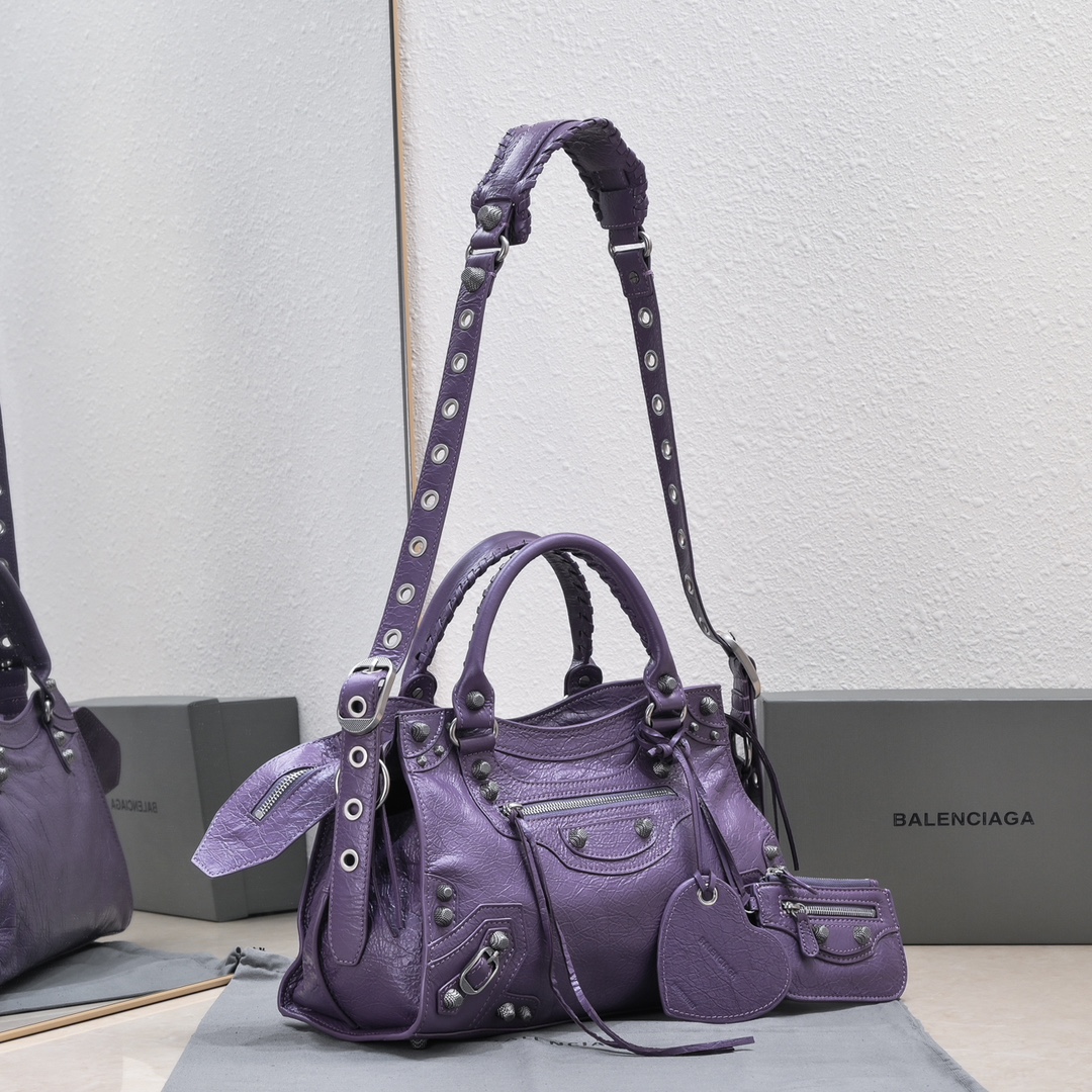 複刻高仿BALENCIAGA巴黎世家 Neo Cagole 細紋牛皮革手提包 中號紫色