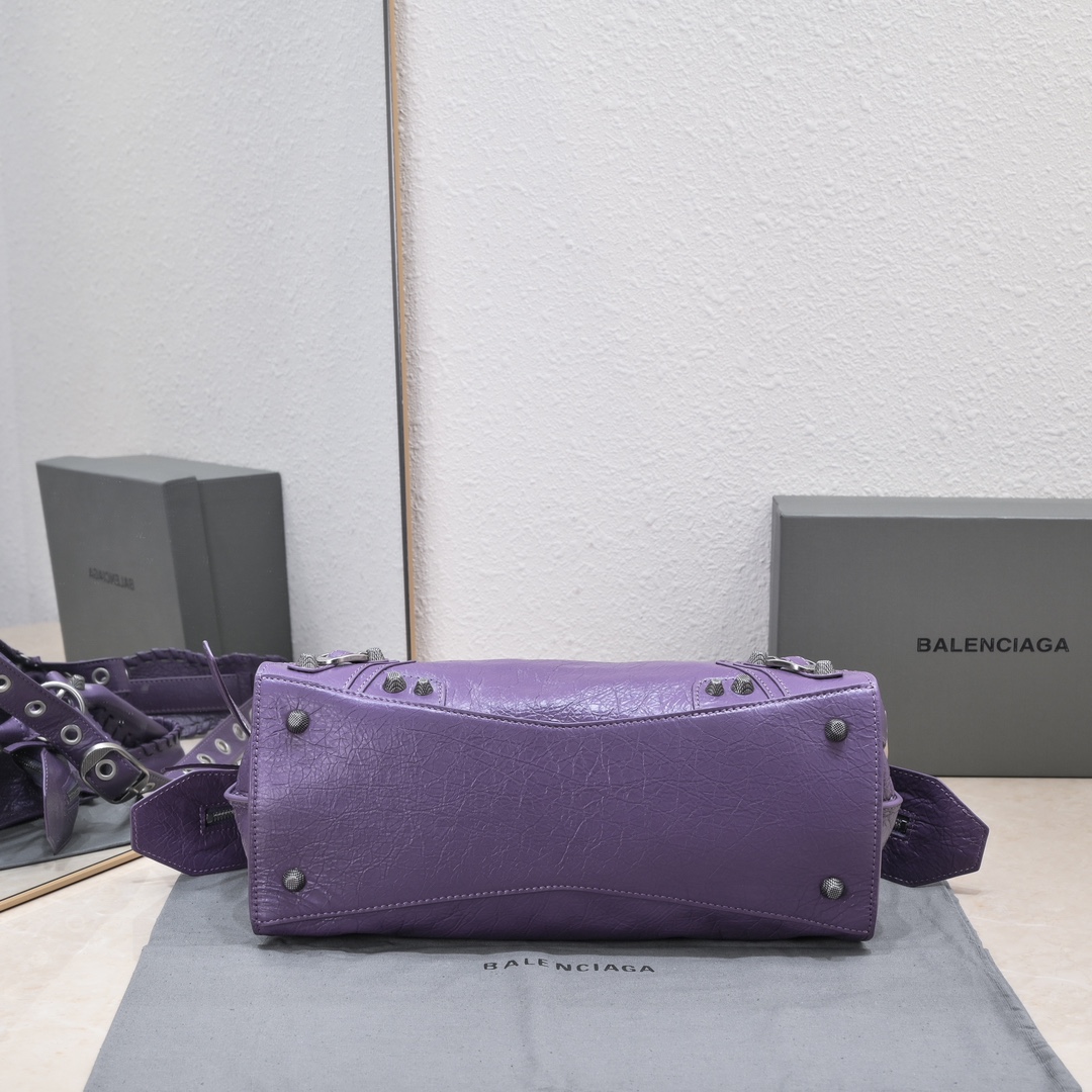 複刻高仿BALENCIAGA巴黎世家 Neo Cagole 細紋牛皮革手提包 中號紫色
