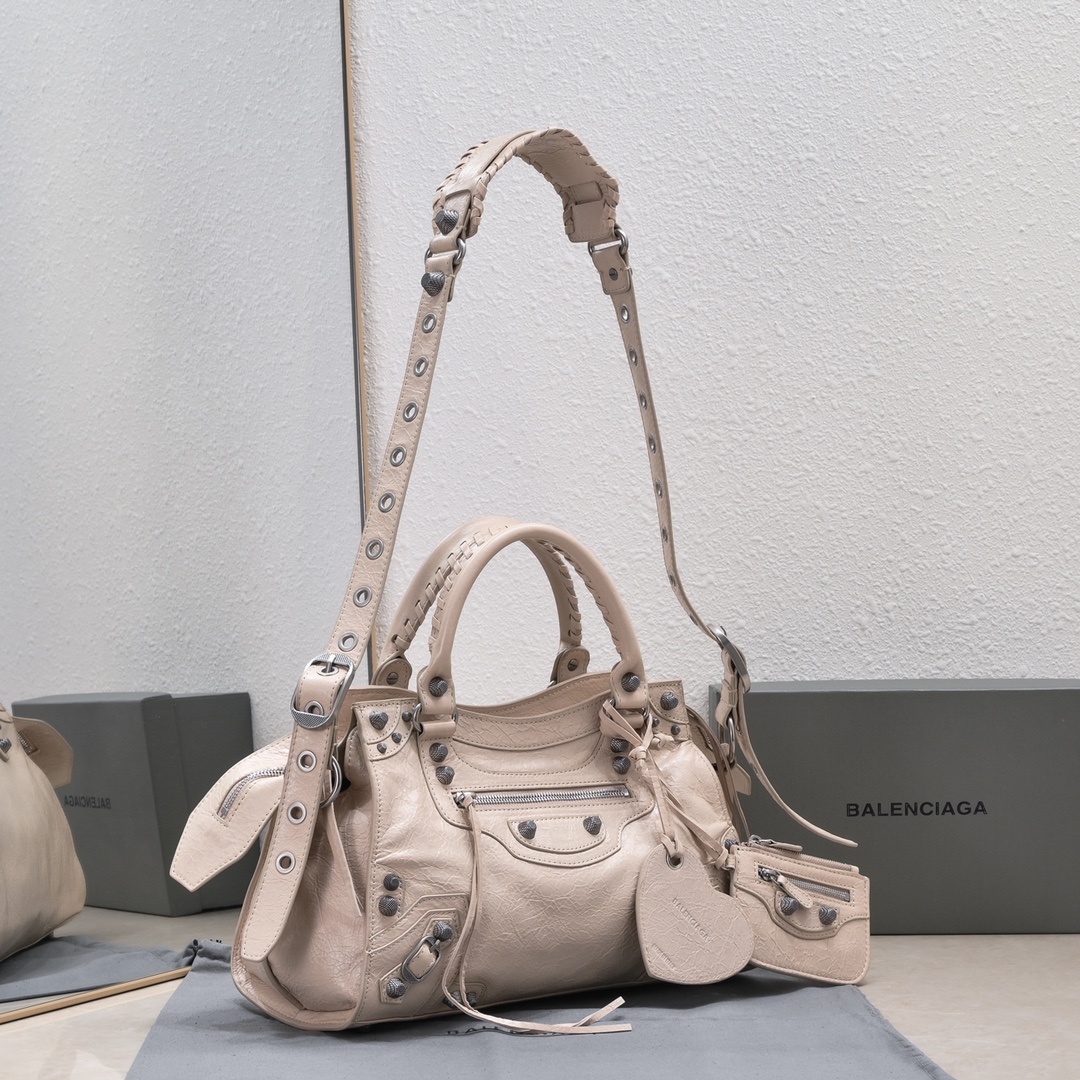 複刻高仿BALENCIAGA巴黎世家 Neo Cagole 細紋牛皮革手提包 中號杏色