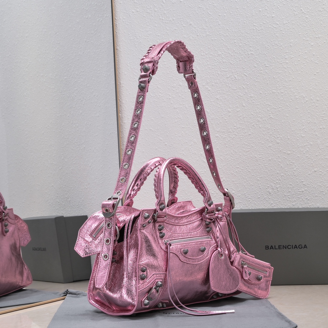 複刻高仿BALENCIAGA巴黎世家 Neo Cagole 細紋牛皮革手提包 中號銀粉