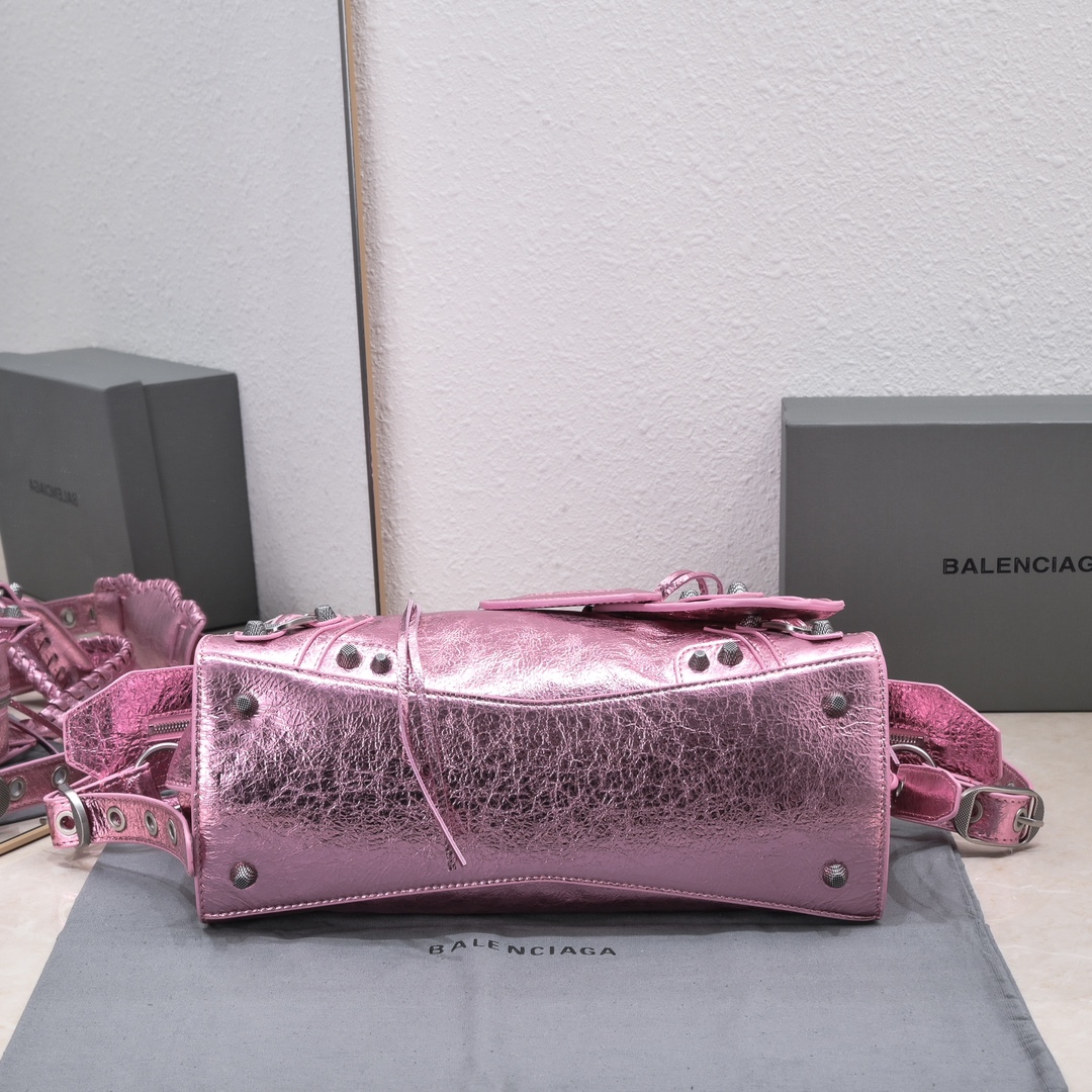 複刻高仿BALENCIAGA巴黎世家 Neo Cagole 細紋牛皮革手提包 中號銀粉