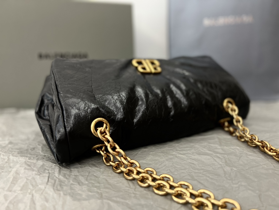 原單BALENCIAGA巴黎世家 Monaco絎縫薄牛皮革鏈帶包 小號【油蠟黑金】
