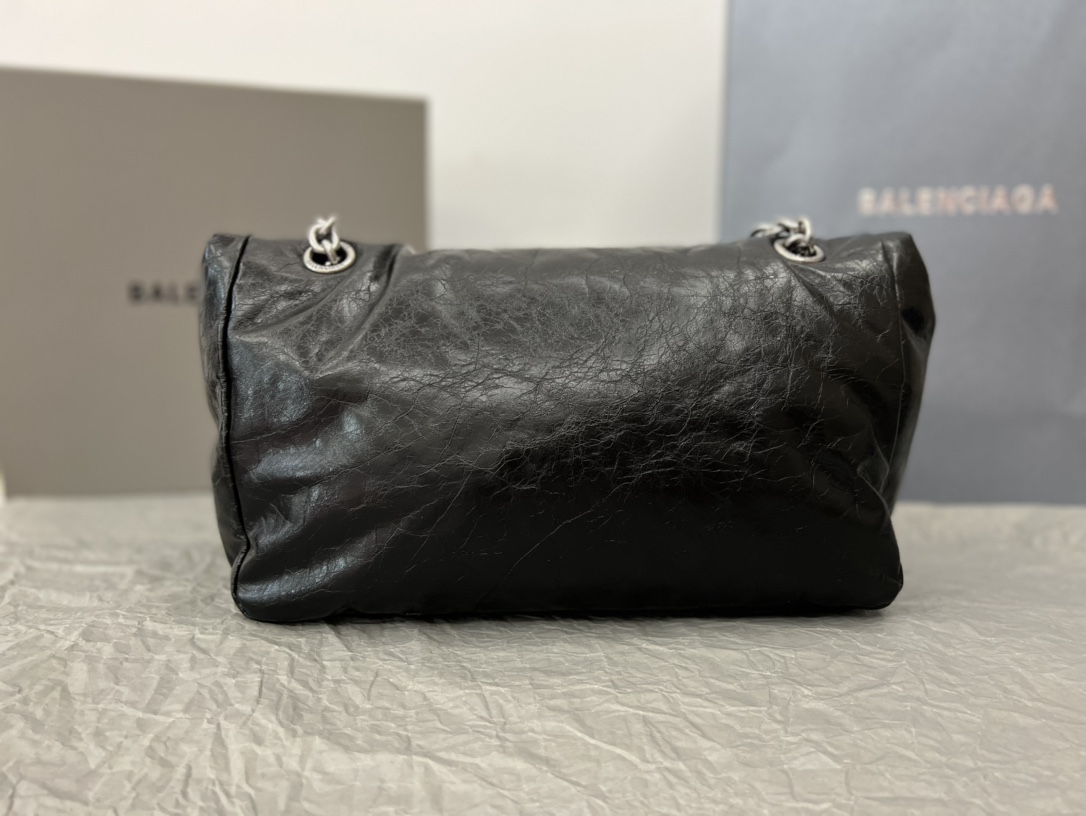 原單BALENCIAGA巴黎世家 Monaco細紋牛皮革鏈帶包 小號【油蠟黑銀】