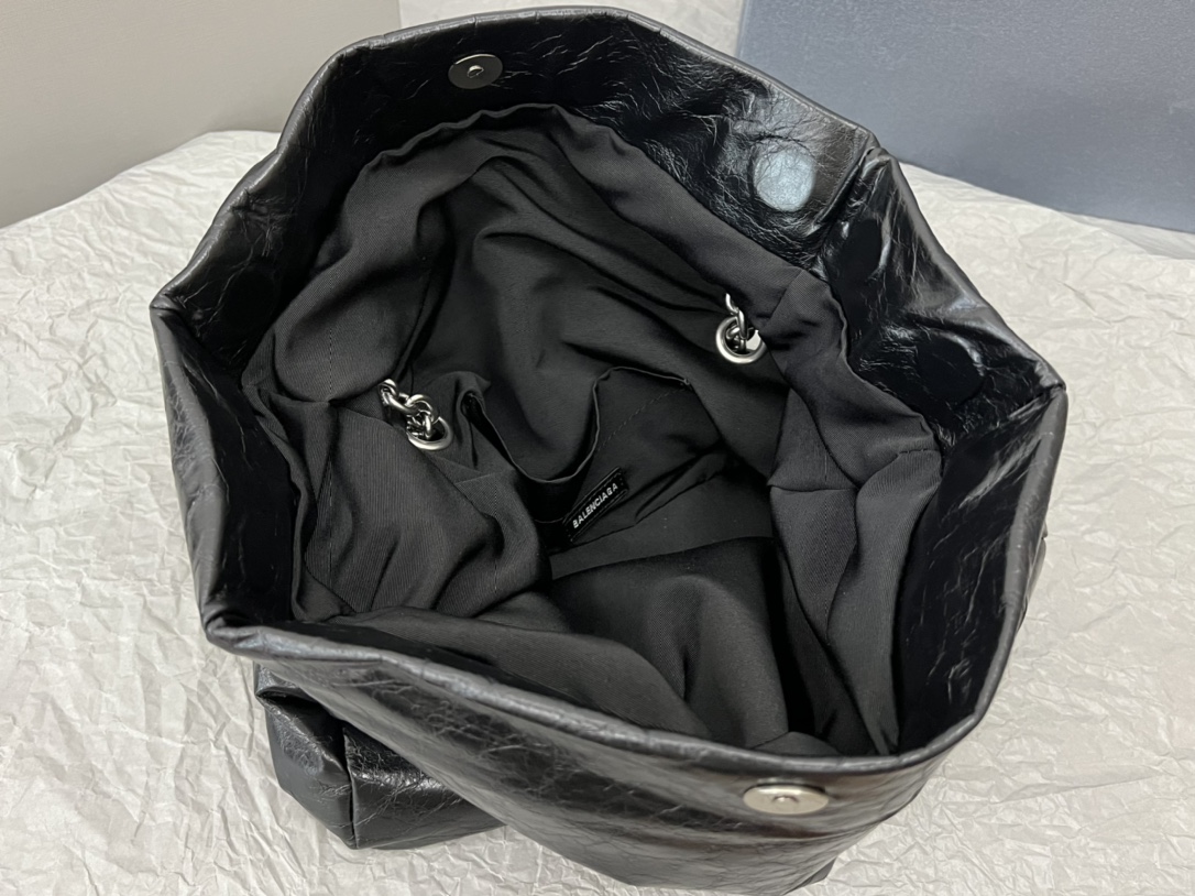 原單BALENCIAGA巴黎世家 Monaco細紋牛皮革鏈帶包 小號【油蠟黑銀】