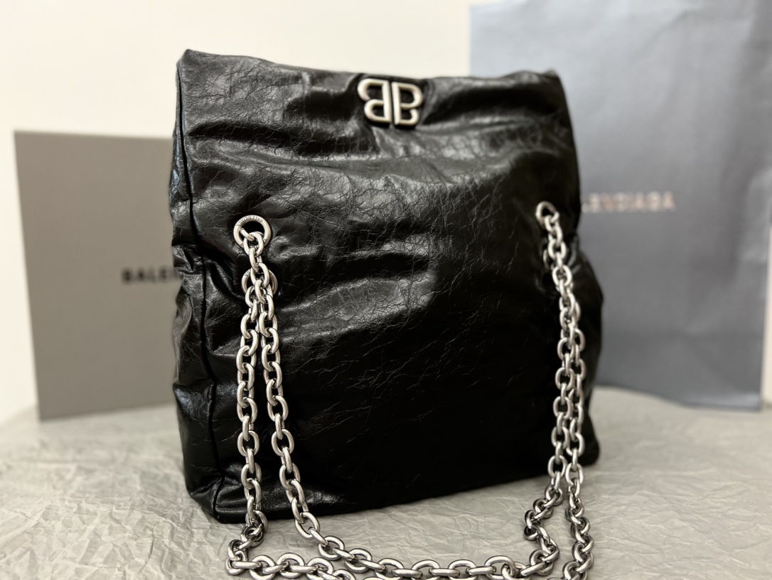 原單BALENCIAGA巴黎世家 Monaco細紋牛皮革鏈帶包 小號【油蠟黑銀】