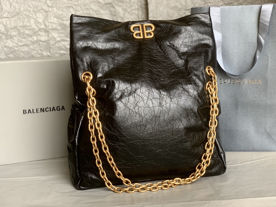原單BALENCIAGA巴黎世家 Monaco細紋牛皮革鏈帶包 中號【油蠟黑金】