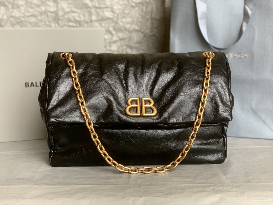 原單BALENCIAGA巴黎世家 Monaco細紋牛皮革鏈帶包 中號【油蠟黑金】