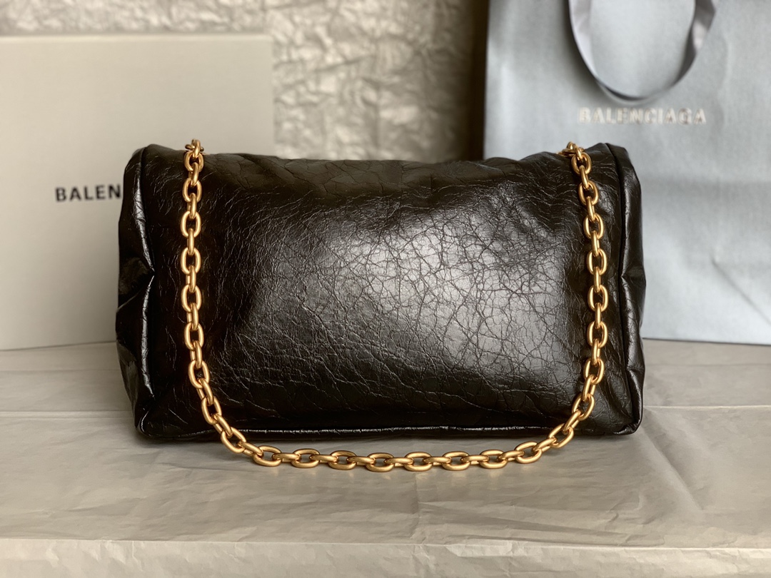 原單BALENCIAGA巴黎世家 Monaco細紋牛皮革鏈帶包 中號【油蠟黑金】