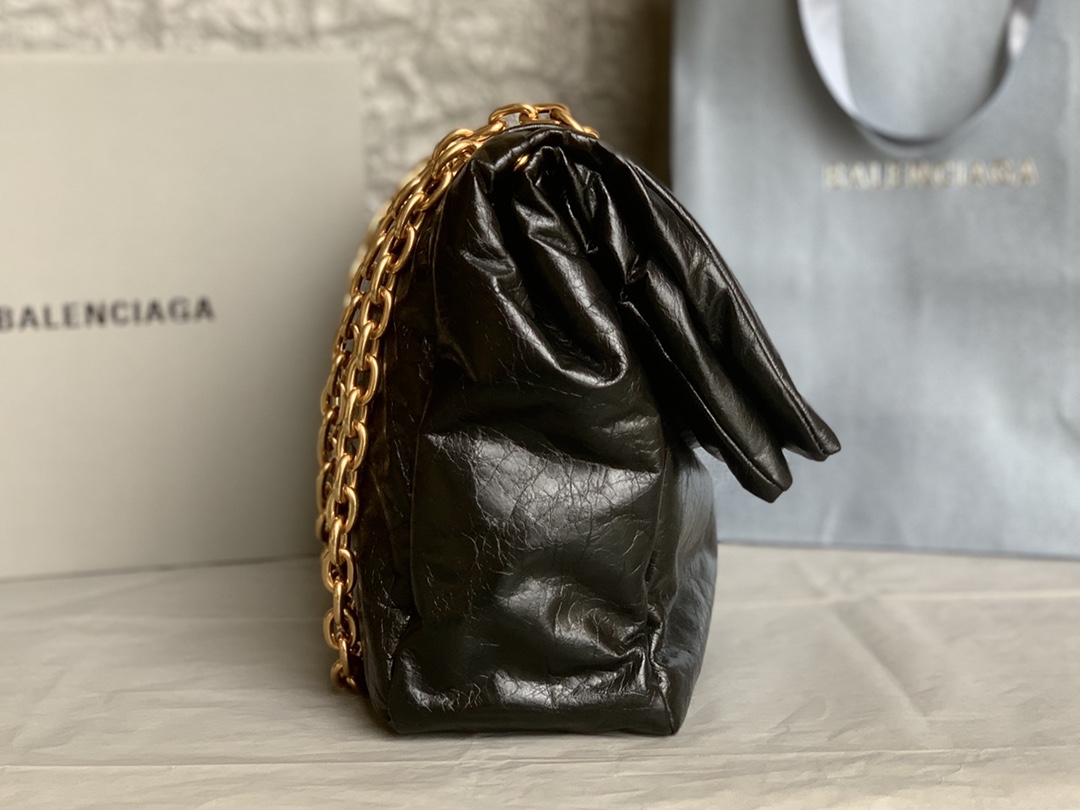 原單BALENCIAGA巴黎世家 Monaco細紋牛皮革鏈帶包 中號【油蠟黑金】