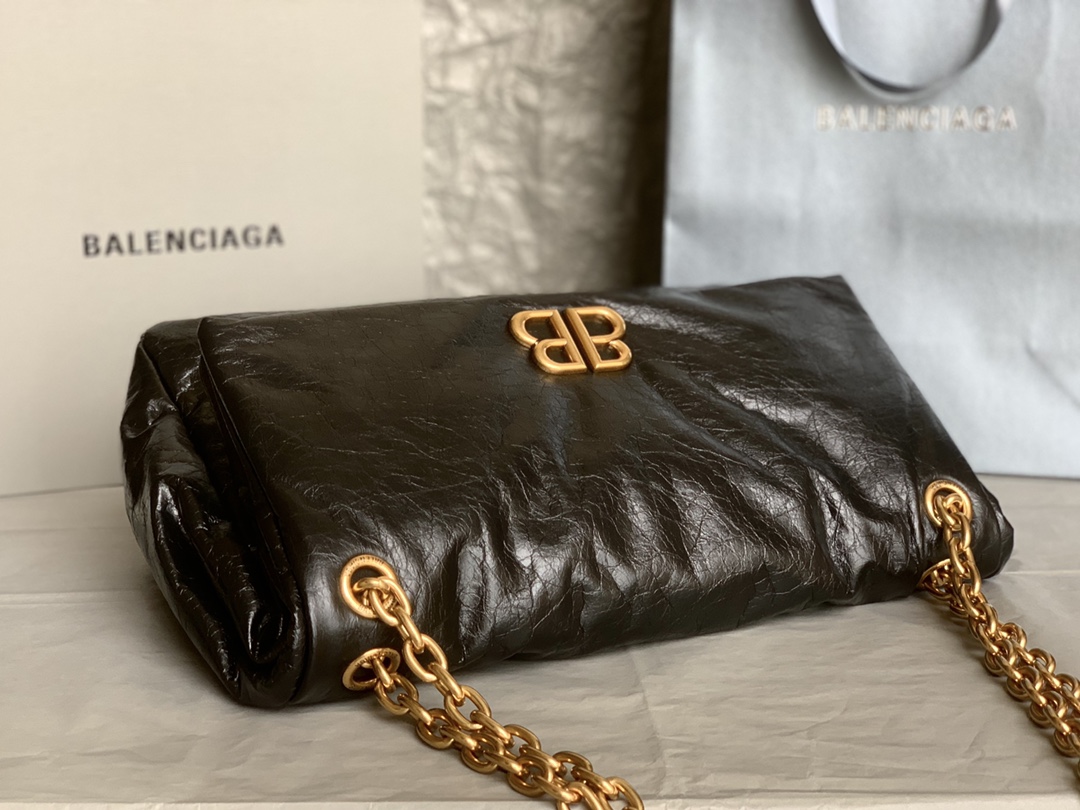 原單BALENCIAGA巴黎世家 Monaco細紋牛皮革鏈帶包 中號【油蠟黑金】