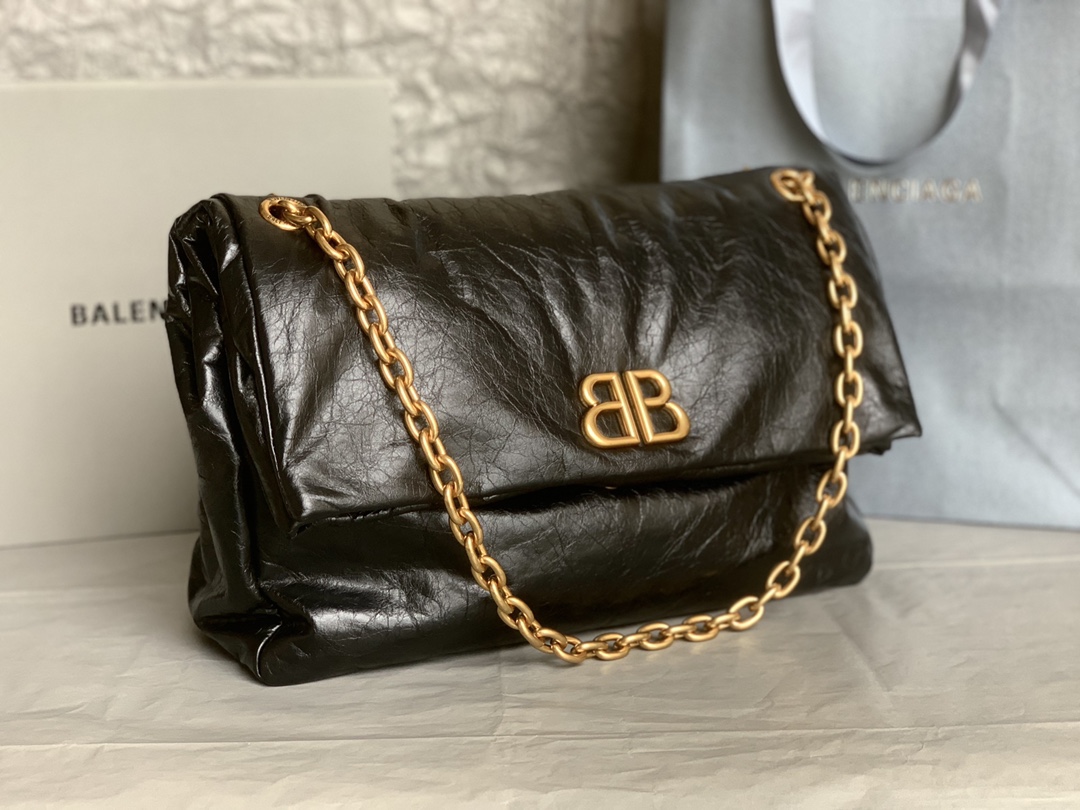 原單BALENCIAGA巴黎世家 Monaco細紋牛皮革鏈帶包 中號【油蠟黑金】
