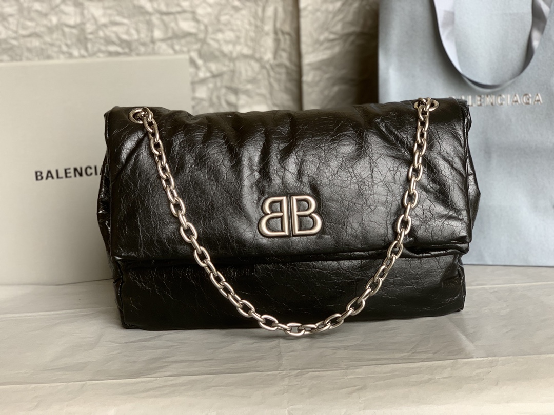 原單BALENCIAGA巴黎世家 Monaco細紋牛皮革鏈帶包 中號【油蠟黑銀】