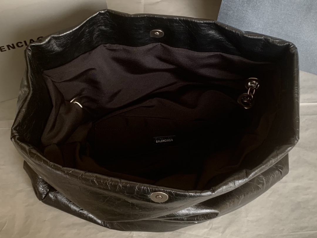 原單BALENCIAGA巴黎世家 Monaco細紋牛皮革鏈帶包 中號【油蠟黑銀】