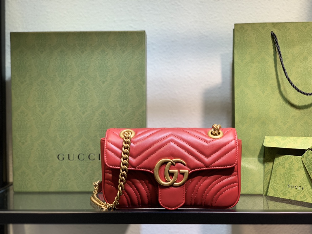 原廠皮Gucci古馳Marmot 小號包包單肩包斜挎包 紅色