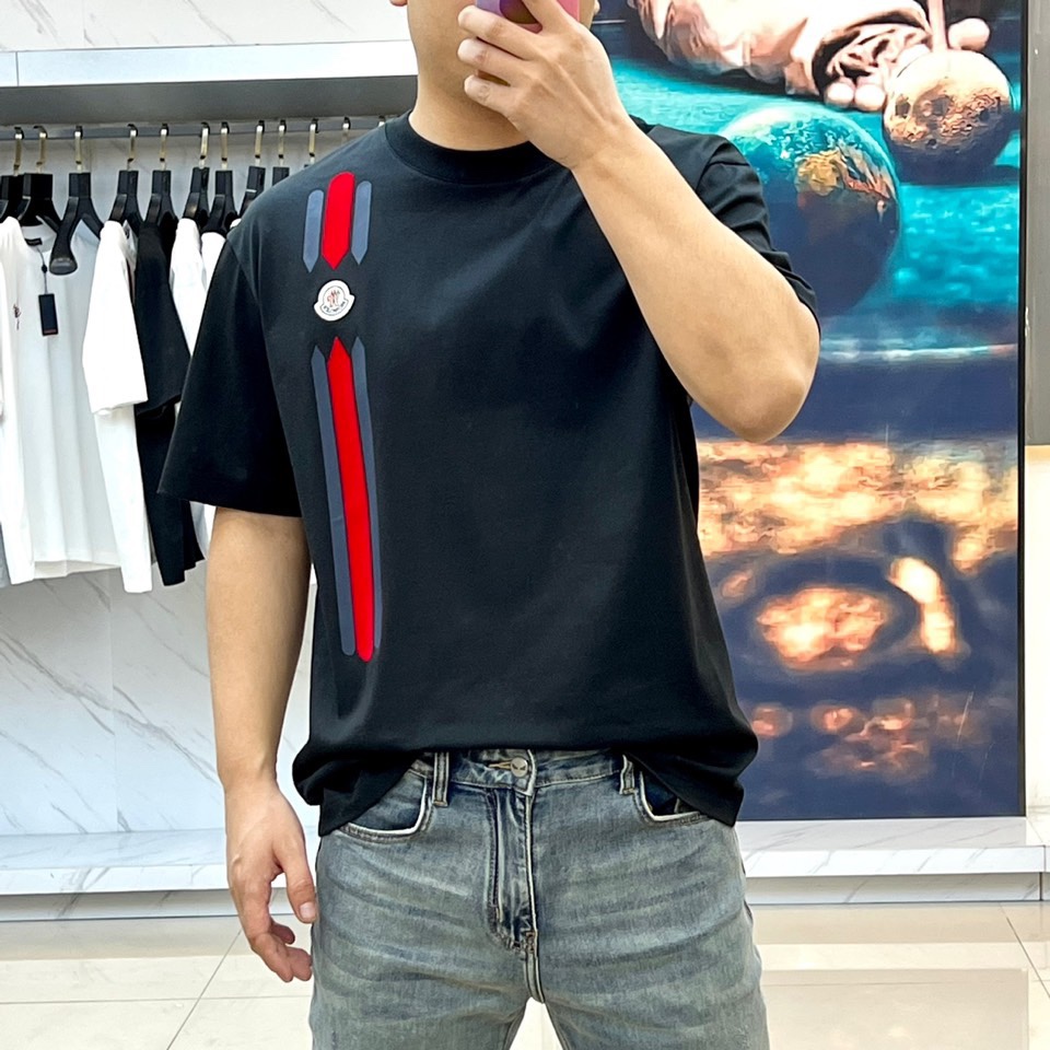 蒙口高仿男裝刺繡logo短袖純棉T恤拼色工藝精品男T恤彈力修身