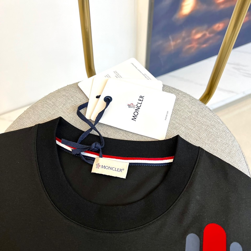 蒙口高仿男裝刺繡logo短袖純棉T恤拼色工藝精品男T恤彈力修身