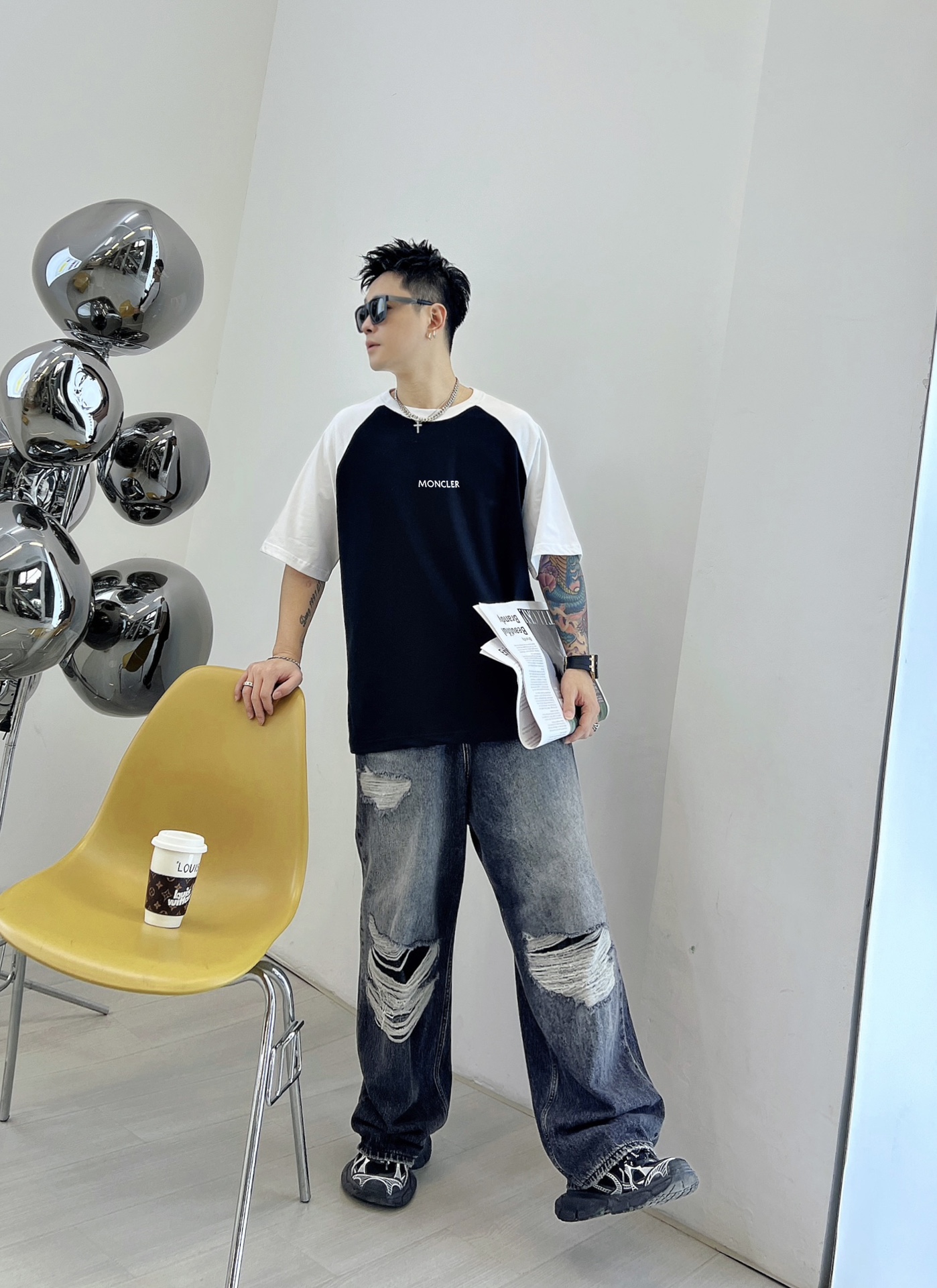 插肩袖頂級原單蒙口男裝圓領短袖T恤撞色設計