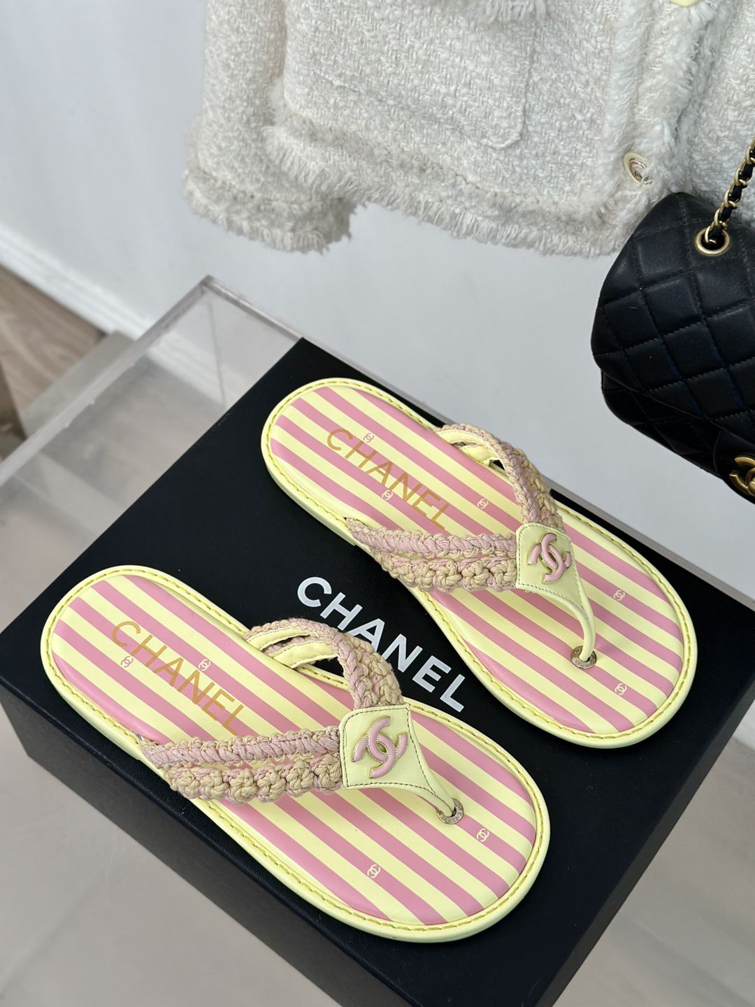 CHANEL一比一復刻針織雙C夾腳人字拖鞋